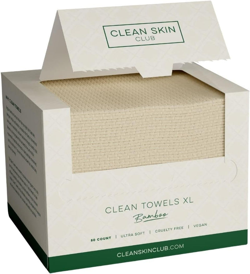 Clean Skin Club Bamboo Clean Towels XL | World 1ST Biodegradable Face Towel | Disposable Dry Makeup Removing Wipes | 100% Organic Bamboo | Super Soft for Sensitive Skin (50 Count/Single Box)