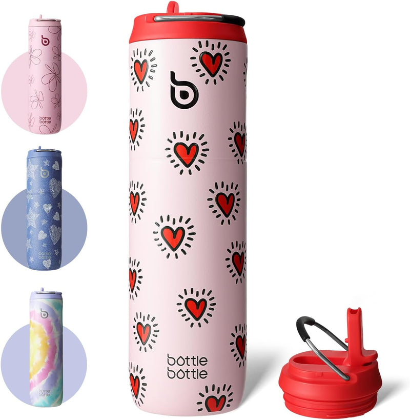 Insulated Water Bottle 24oz with Straw Lid and Handle for Sports Travel Gym Stainless Steel Water Bottles Double-Wall Vacuum Metal Bottles Leak Proof BPA-Free (baby blue) - HeartBeats