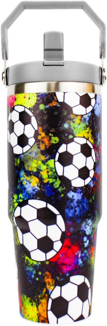 30 oz Purple Unicorn Kids Tumbler Stainless Steel Insulated Large Water Bottle 900 ml with Handle & Flip Straw Cute Leak-Proof Travel Mug for Girls Cup Holder Friendly - Soccer Color Splash