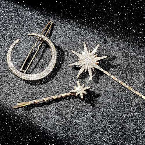 Rhinestone Hair Accessories Set, 6 Pieces Moon and Stars Hair Clips, Alloy Diamond-studded Hair Accessories for Women Girls (Gold+Silver)
