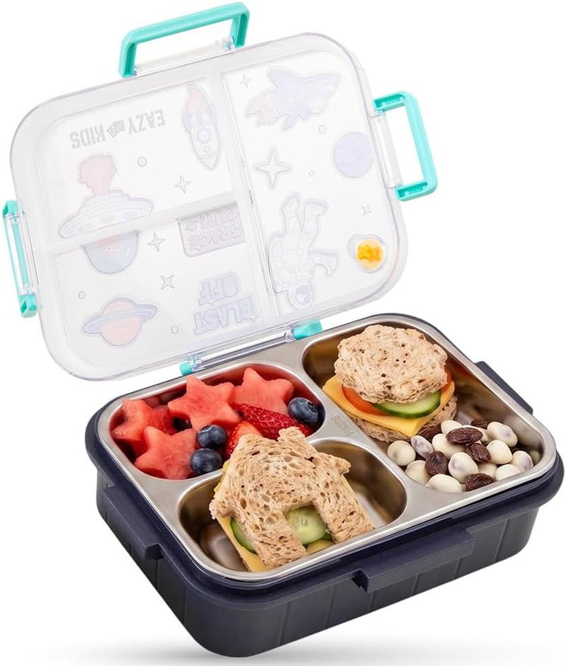 Eazy Kids 3 Compartment Stainless Steel bento Lunch Box - Space out 800ml - Blue