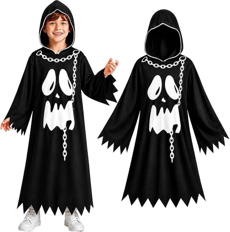 Yoawllty Halloween Costume for Kids,Hooded Ghost Robe, Spooky Fancy Dress Outfit for Halloween Parties and Cosplay - black