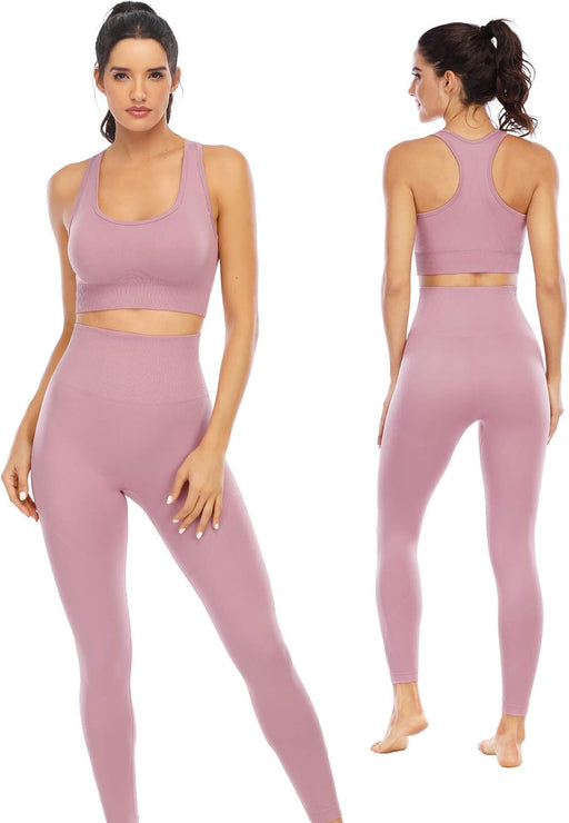 Workout Sets for Women 2 Piece High Waisted Seamless Leggings with Padded Sports Bra Sets - Taro Purple