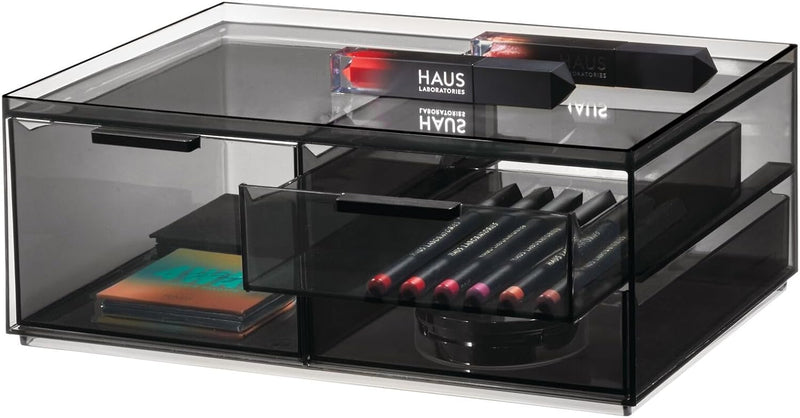 Idesign 3-Drawer MakEUp Box From The Signature Series By Sarah Tanno, Wide Rpet MakEUp Organiser Storage, MakEUp Storage, Smoke/Matte Black - Drawer Organizer - Wide
