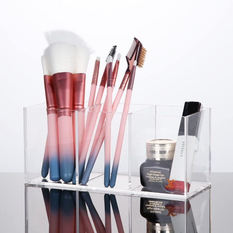 Clear Makeup Brush Holder Organizer with 3 Slots, Clear Cosmetic Brushes Container for Eyebrow Pen Comb Power Brush, Desktop Pen Pencil Storage Organizer