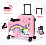 Kids Ride On Suitcase for Girls, Pink Unicorn Toddler Travel Luggage, Carry On Friendly Rideable Trolley Case with Seat, Pull Strap and Wheels, for Ages 2-6, Up to 80 lb
