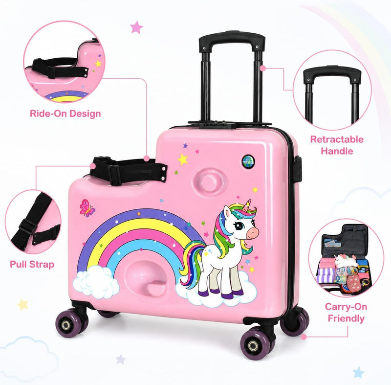 Kids Ride On Suitcase for Girls, Pink Unicorn Toddler Travel Luggage, Carry On Friendly Rideable Trolley Case with Seat, Pull Strap and Wheels, for Ages 2-6, Up to 80 lb