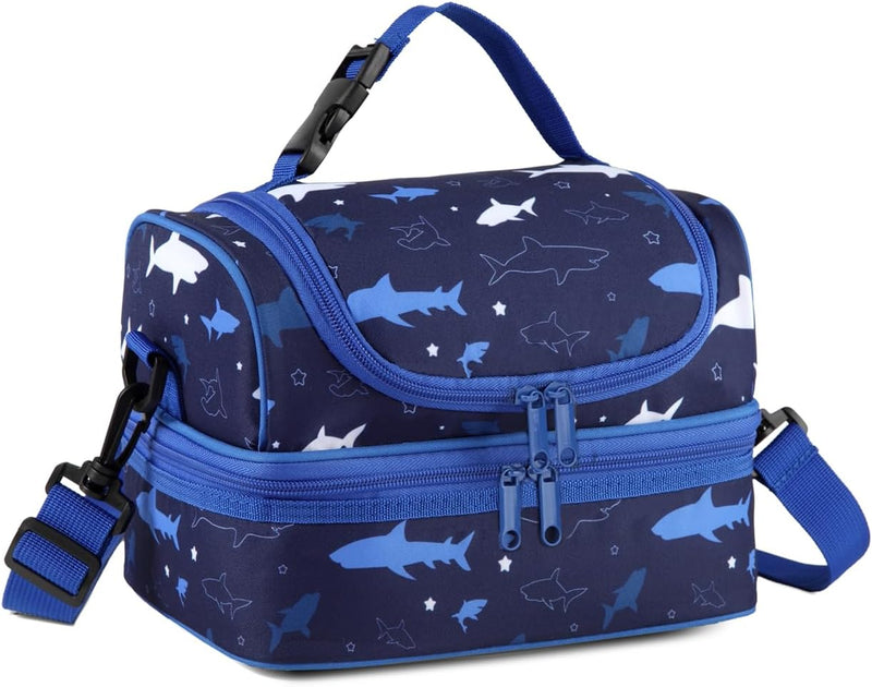 VASCHY Lunch Box Bag Men, Insulated Two Compartments Bento Cooler Bags for Adults/Women/Kids for School,Daycare,Kindergarten,Picnic Black - Shark Ocean