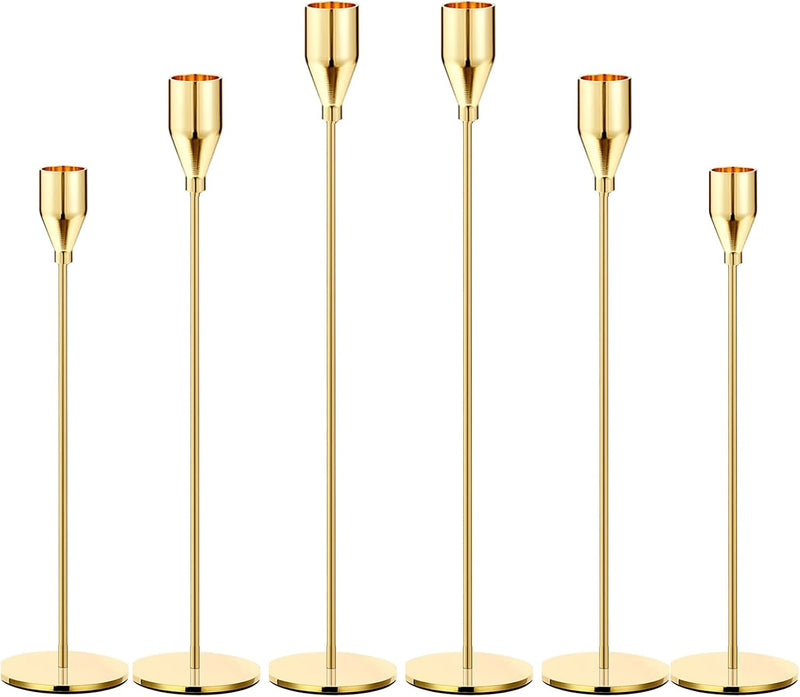 6PCS French Honey Gold Candle Holders,Set of 6 Tall Taper Candlestick fit for 3/4" Thick Pillar Candle&Led Modern Metal Candle Stands Decorative Table Centerpieces for Dinning Party Church,Decorative