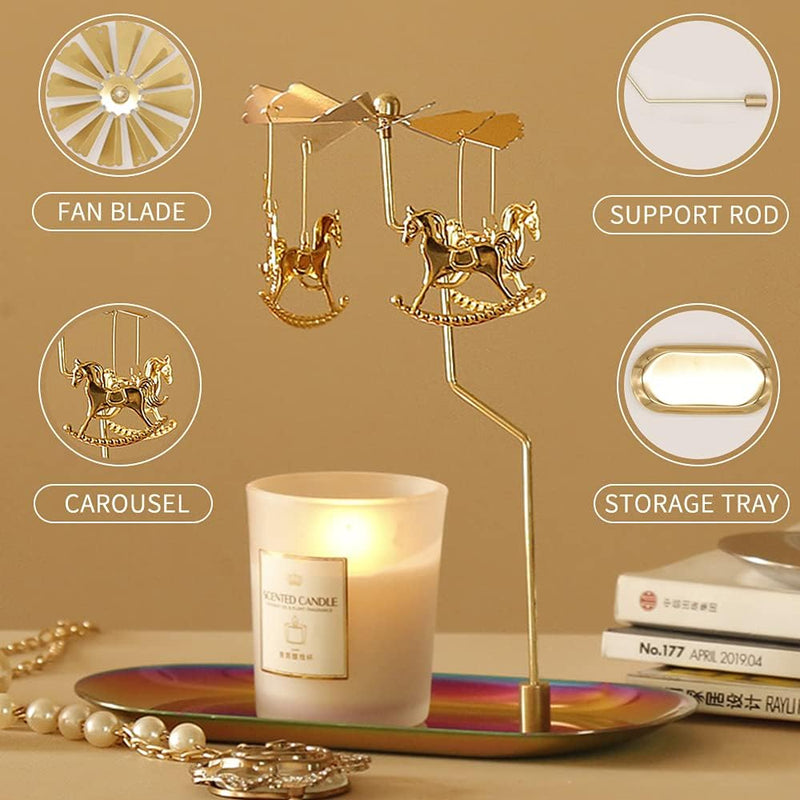 Creahaus Rotating Candle Holder with Tray, Gold Candle Spining Metal Holder for Christmas, Valentine's Day, Party Table Decor, Gift (Gold Carousel)