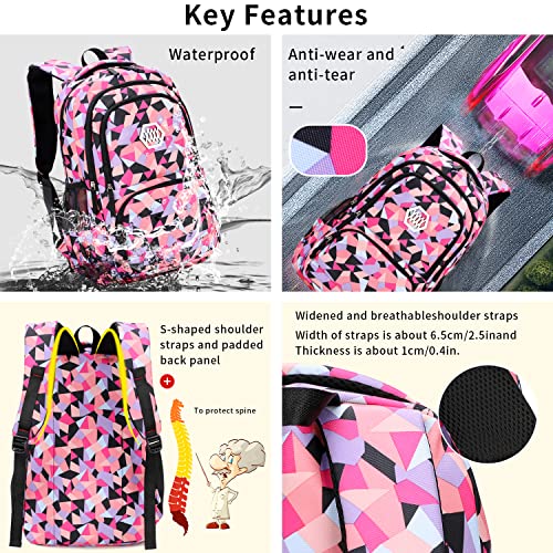 Yoawllty School Bag for Girls, Kids Backpack for School Bookbag for Elementary 3 in 1 School Bag Sets with Lunch Tote Pencil Bag and Cartoon Sticker(Pink)