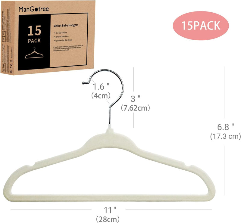 ManGotree Baby Velvet Hangers, Infant and Toddler Hangers, Non-Slip Children Hangers, Ultra-Slim Space Saving Kids Hangers, Sturdy Clothes Hangers 15 Pack (White)