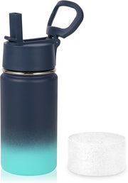 14oz Water Bottle with Straw Lid and Silicone Boot Bulk 2 Pack,Stainless Steel Insulated Cups for Boys & Girls Multipack,Double Wall Vacuum Leakproof Kids bottles(Red,1) - 1 Blue Green