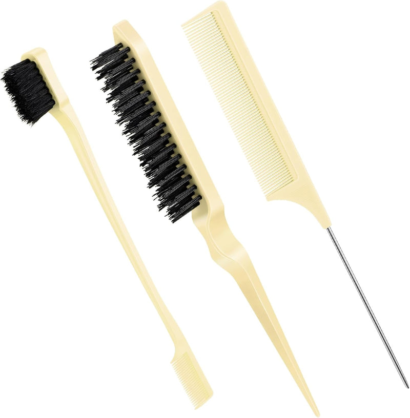 Geiserailie 3 Pcs Slick Back Hair Brush Set Bristle Brush Edge Control Teasing Comb for Women Black Hair(Black)