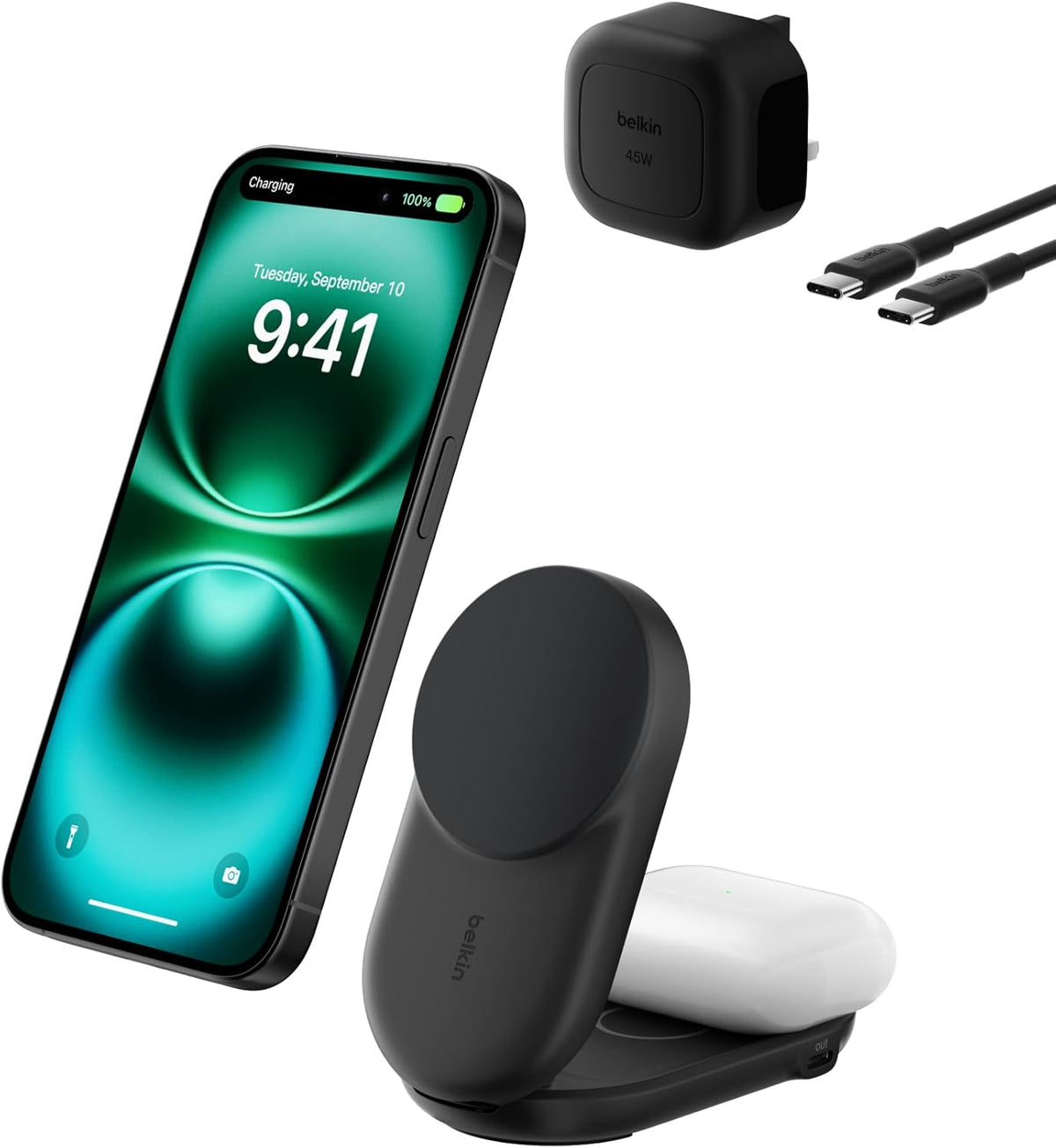 Belkin UltraCharge 2-in-1 Wireless Charger 25W, Qi2.2 Certified MagSafe Compatible Charger, Charging Station for iPhone 17, Air, AirPods, Pixelsnap, Magnetic Stand with USB-C Port, 45W Adapter - Black – image 2
