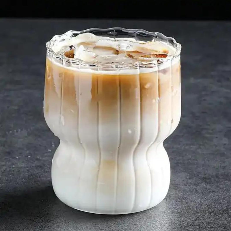 1CHASE Ribbed Drinking Glasses with Straws 320 ML (Set of 4), Ripple Borosilicate Glassware, Mixed Drinkware Sets, Drinking Glasses for Juice, Beer, Iced Coffee, Tea and Cocktails (11 oz)