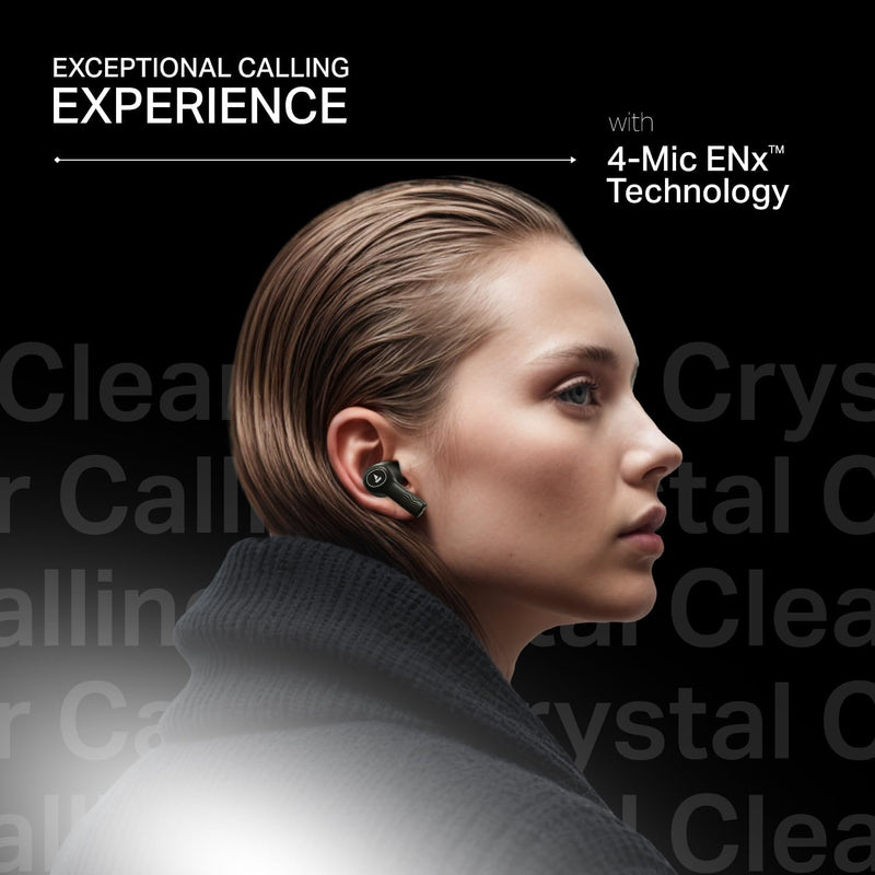 boAt New Launch Nirvana Crystl, Transparent Case,Spatial Audio, ANC(32dB), 100Hrs Battery,4Mics ENx, Dual Pair,App Support, Bluetooth Earbuds, TWS Ear Buds Wireless Earphones with mic (Quantum Black)