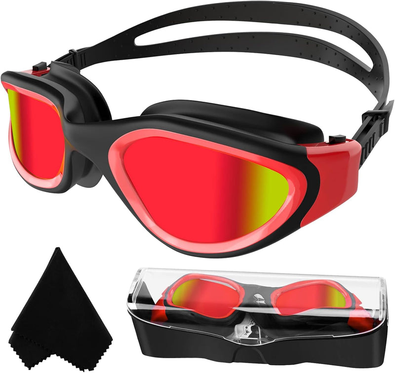 Winline Swimming Goggles Polarized Lenses Anti Fog Anti UV Waterproof Clear Vision Easy Adjust Soft Bridge for Men Women Adults Teens - Red&Black/Red Polarized Mirrored Lens