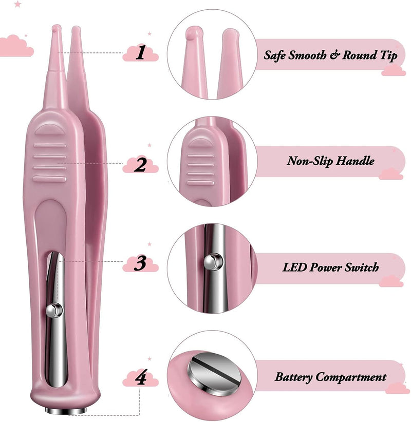 Azonee 4 Pieces Infant Nose Cleaning Tweezer with LED Light, , Safe and Effective Booger Plier for Infant Nose Cleaning, Round-Head Clip Care for Ear Nose Navel, Relieves Stuffy Nose