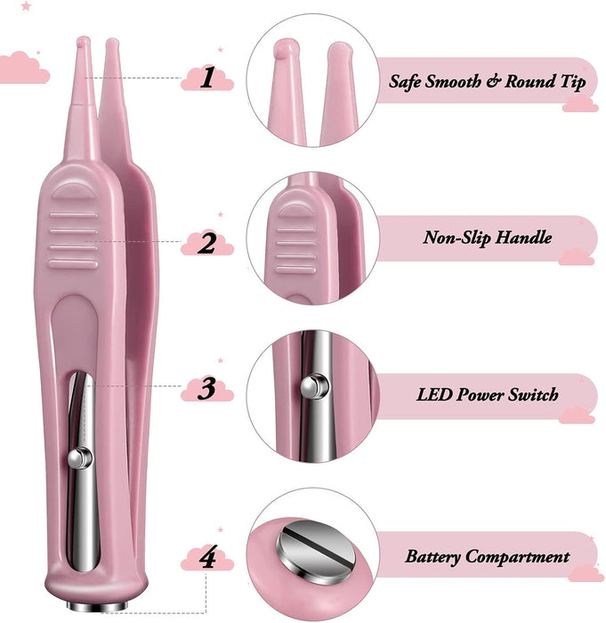 Azonee 4 Pieces Infant Nose Cleaning Tweezer with LED Light, , Safe and Effective Booger Plier for Infant Nose Cleaning, Round-Head Clip Care for Ear Nose Navel, Relieves Stuffy Nose