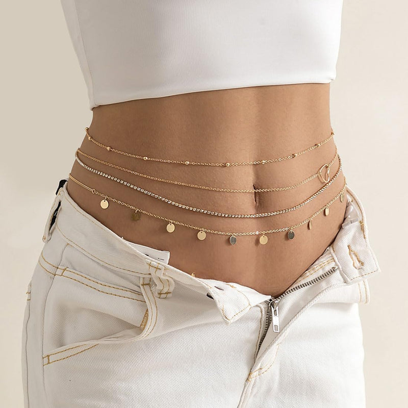 AMZSTRU Waist Belly Chain 4Pcs Adjustable Metal chain belt gold for Women Boho Multilayer Long Tassel waist chain gold Summer Body Beach Jewelry for Women Dress Skirt