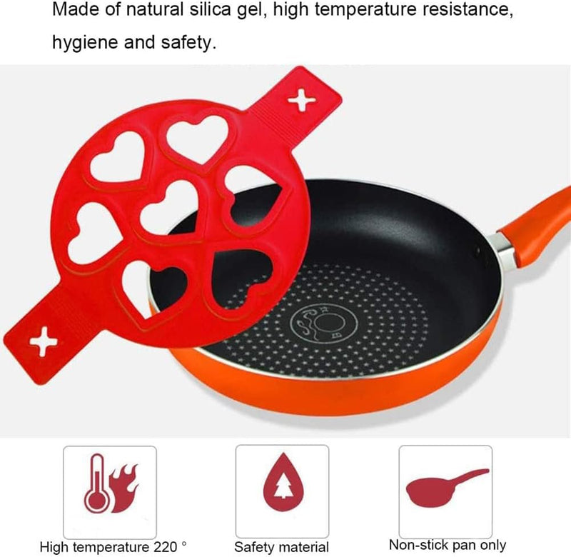 Omelette Mold Pancake Mold Ring 2 Silicone Pancake Molds 7 Holes Heart Reusable Silicone Non-Stick Pancake Tool Egg Ring for Egg Maker Makes Right Shape (Red)
