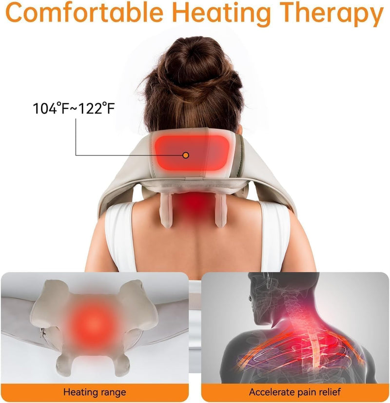 Neck Massager with Heat, Cordless Deep Tissue Kneading Massage Pillow - 3D Shiatsu Shoulder and Back Massager with 2 Heat Levels, Rechargeable Muscle Pain Relief for Home, Office & Car Use