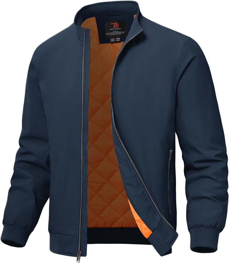 Men's Quilted Bomber Jacket, Casual Padded Winter and Fall Jacket, Full-Zip Windproof Work Coat - Navy