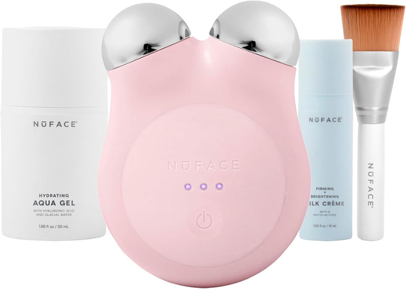 NuFACE Mini+ Sandy Rose Starter Kit - Lift, Contour & Tone your skin - Portable Petite Facial Toning Device - Includes Silk Crème & Aqua Gel - Rose