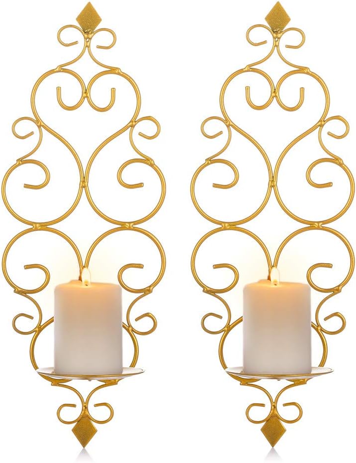 Sziqiqi Wall Candle Sconce Holder Set of 2 Hanging Wall Mounted Pillar Candle Sconces Holder, Wall Sconces Decor for Bedroom Dining Room Living Room Bathroom (Gold)