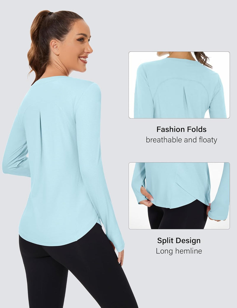 Rapbin Women's UPF 50+ Sun Protection T-Shirts Long Sleeve Boat Neck Workout Lightweight Quick Dry Top with Thumb Hole