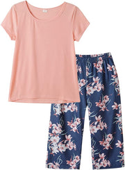 Women's Short Sleeve Tops and Capri Pants Cute Cartoon Print Pajama Sets - Pink Floral
