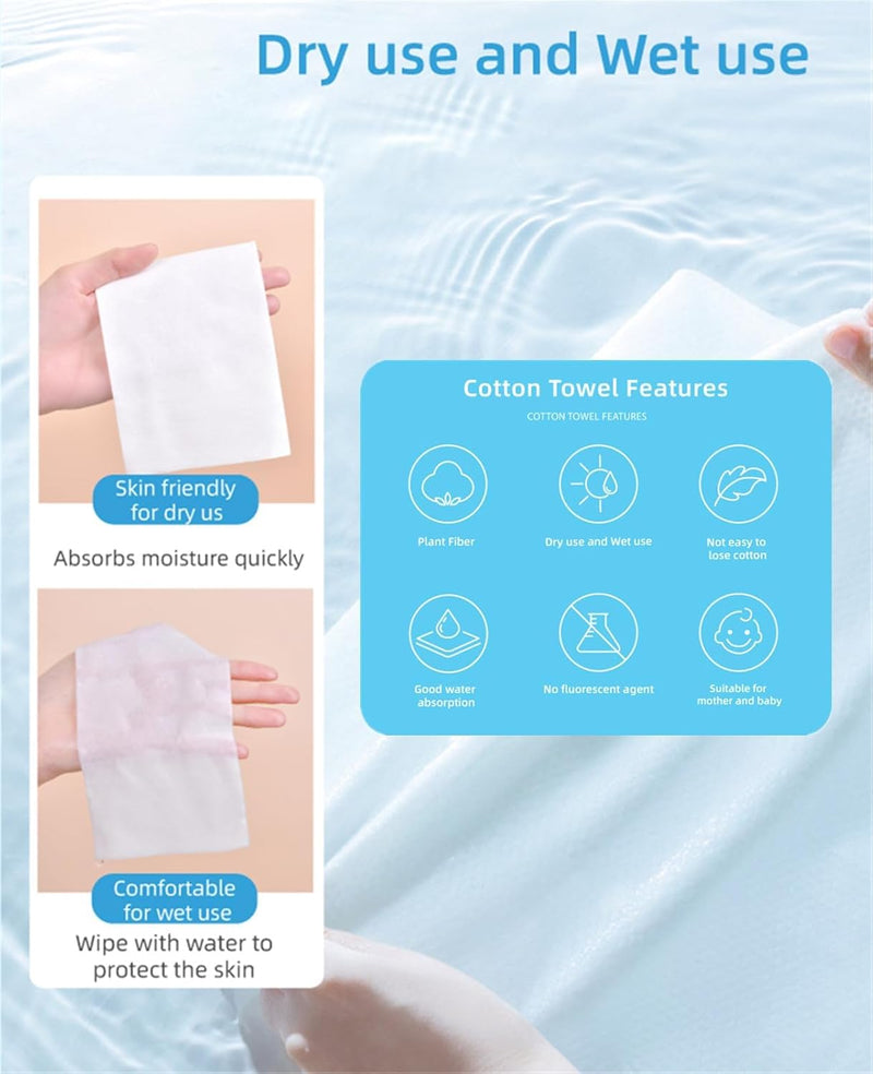 Disposable Face Towel, Cotton Facial Extra Thick Face Wipes Wet and Dry Face Cloths, Lint Free Soft Dry Wipes for Sensitive Skin and Baby Care, Makeup Removing and Surface Cleaning (2 Pack)