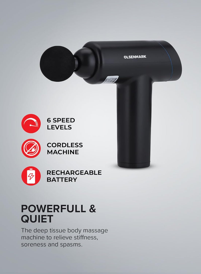 Olsenmark 6-in-1 Percussion Massage Gun Cordless & Rechargeable Deep Tissue Massager with 6 Detachable Heads, 6 Speed Levels, Ergonomic Grip for Full-Body Pain Relief, Stress Reduction, Black