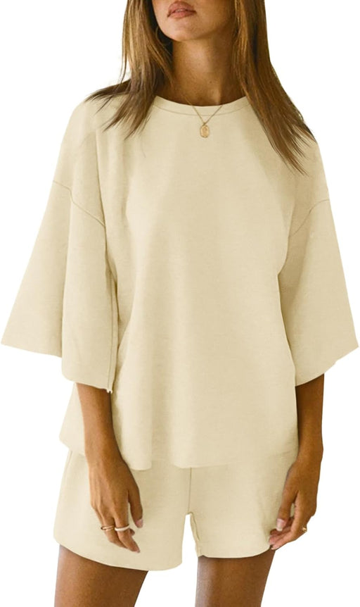 Womens Pajama Sets 3/4 Sleeve Oversized Tops and Elastic Waist Shorts Lounge Sets Loungewear - Beige
