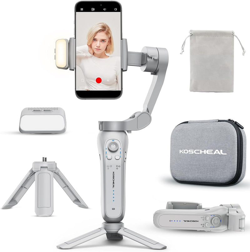 KOSCHEAL Cell Phone Stabilizer, Portable and Foldable 3-Axis Gimbal Stabilizer, Ideal for Vlogging, Youtube, TikTok and Vlog Live for Android and iOS - Grey L7B
