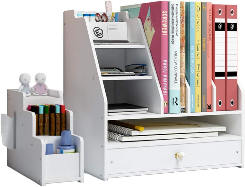 BlayaAdd Desk Organizer with Pen Holder, DIY White Office Stationery Desktop Storage Holder Sorter with Drawer for Home, Office and School (PB04)