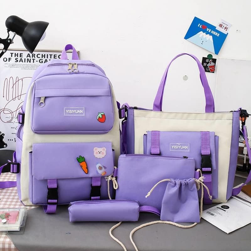 TAPIT 5PCS School Backpacks Combo Set with Bear Pendant Back to School Supplies Cute Schoolbag Lunch Bag Pencil Case Shoulder Bag Travel Bag Gifts for Girls Purple, One Size