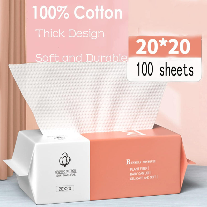 Cotton Facial Dry Wipes 100 Count, Deeply Cleansing Disposable Face Towel Cotton Tissue, Multi-Purpose for Skin Care, Facial Tissue for Cleansing, Skincare and Makeup Remover,Make-up Wipes (1 Pack)
