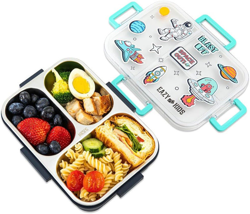 Eazy Kids 3 Compartment Stainless Steel bento Lunch Box - Space out 800ml - Blue