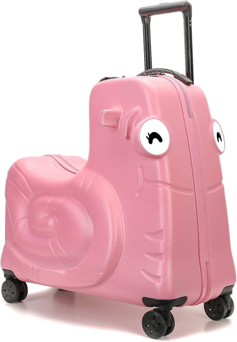 Kids Ride-On Luggage with Spinner Wheels - 20" Carry-On Trolley Suitcase with Password Lock,Help Your Child Relax Anti-Rollover Design & Safety Belt for Travel (Pink)
