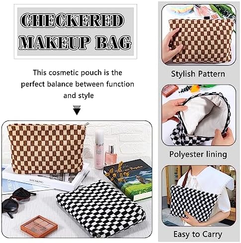 ZLFSRQ 3Pcs Checkered Makeup Bag for Women Large Cosmetic Bag Set Travel Toiletry Bag Makeup Pouch Bag for Purse Pink Zipper Storage Bag Organizer Cute Small Aesthetic Girls Car Essentials Bag