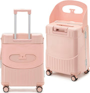 4-Wheel Checked Luggage with Seat for Kids, Travel Suitcase with Adjustable Handle and Hard Shell, Ride-On Suitcase with Child Seat Design for Family Travel, 22 Inch, Pink