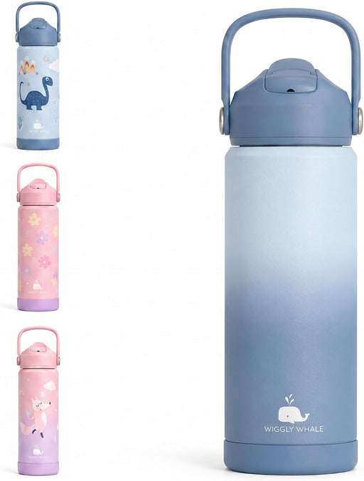 Stainless Steel Water Bottle for Kids School - Leak Proof Kids Water Bottle - 550ML (18oz) BPA-Free Kids Water Bottle with Straw, Double Wall Insulated for Hot & Cold - mixed blue
