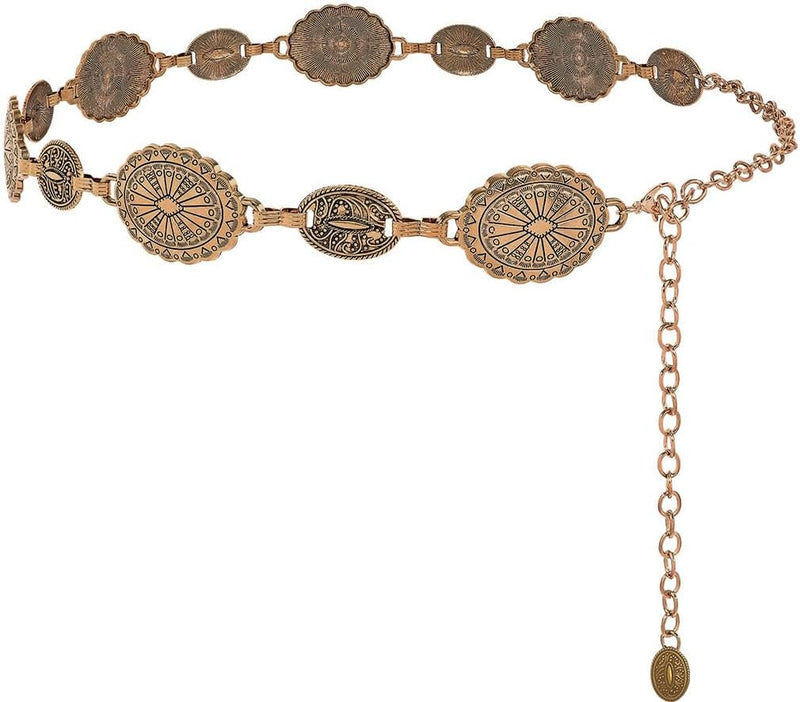 Golden Metal Waist Chain for Women, Concho Hip Saree Waist Belt, Adjustable Boho Western Fashion Belt Women Chain Belts for Dresses, Jeans, Skirts