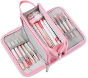 Large Pencil Case, Big Capacity Pencil Pouch Pen Bag with 3 Compartment, Portable Canvas Stationery Organizer with Zipper, Cute Aesthetic School Supplies for Teen Girls College (Pink)