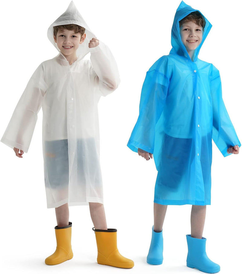 Kids Waterproof Raincoat, EVA Portable Rain Poncho, for Girls Boys Toddler Rainwear Rain Jacket Cape, Reusable Children Raincoat for Outdoor Climbing Cycling Hiking Camping - 2PCS-White Blue