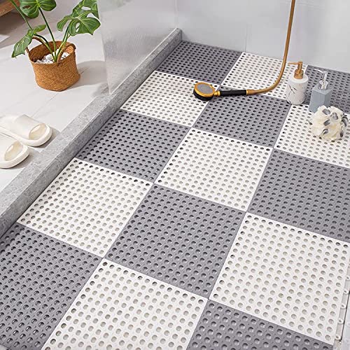 COCLUX 12 Pack Interlocking Non Slip Drainage Floor Tiles, 11.8 X 11.8 Inch Soft PVC Bath Shower Floor Mat with Suctions Cups, Drainage Holes for Bathroom, Kitchen, Pool, Wet Areas