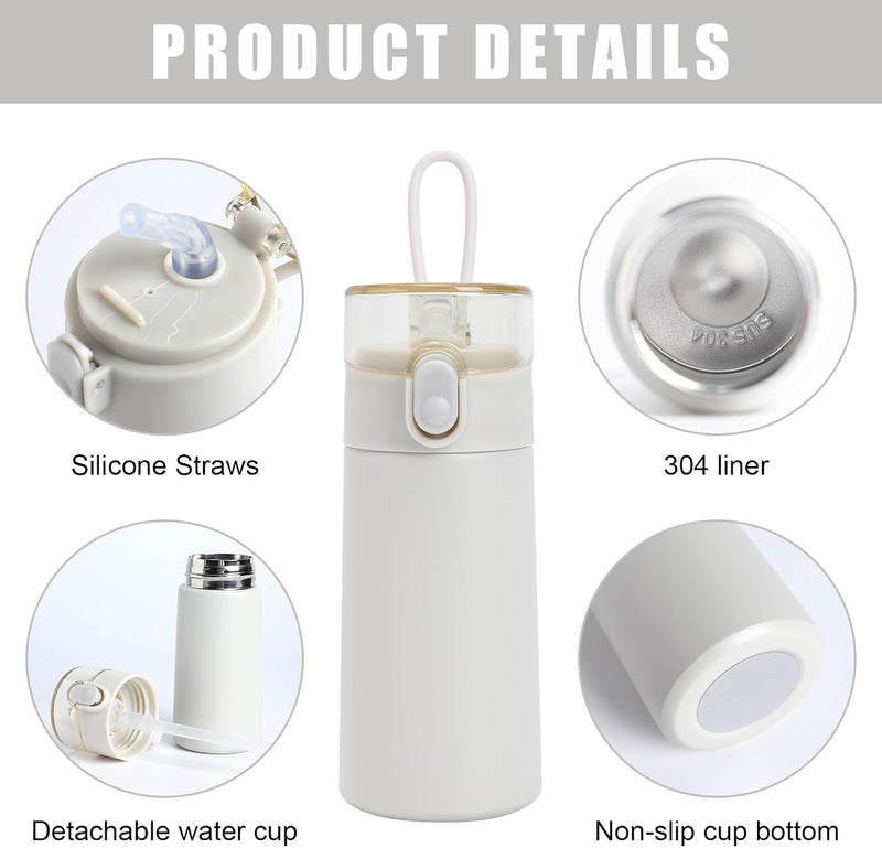 Small Water Bottle with Straw, Mini Thermos Flask, for Hot and Cold Drinks, Leak-Proof Lid, Stainless Steel, One-Hand Open, 150ml, Portable for Coffee, Milk, Juice, White