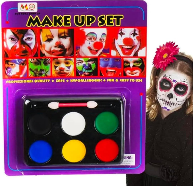 Face Paint Palette Set - 6 Vibrant Classic Colors with Double-Ended Applicator Brush, Hypoallergenic Non-Toxic Body Makeup Kit for Halloween, Cosplay, Parties, Festivals & Fancy Dress